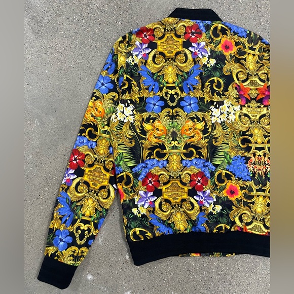 NWT Denim & Flower Ricky Singh Full Zip Floral Bomber Jacket Gold/Black Versace - Picture 9 of 14
